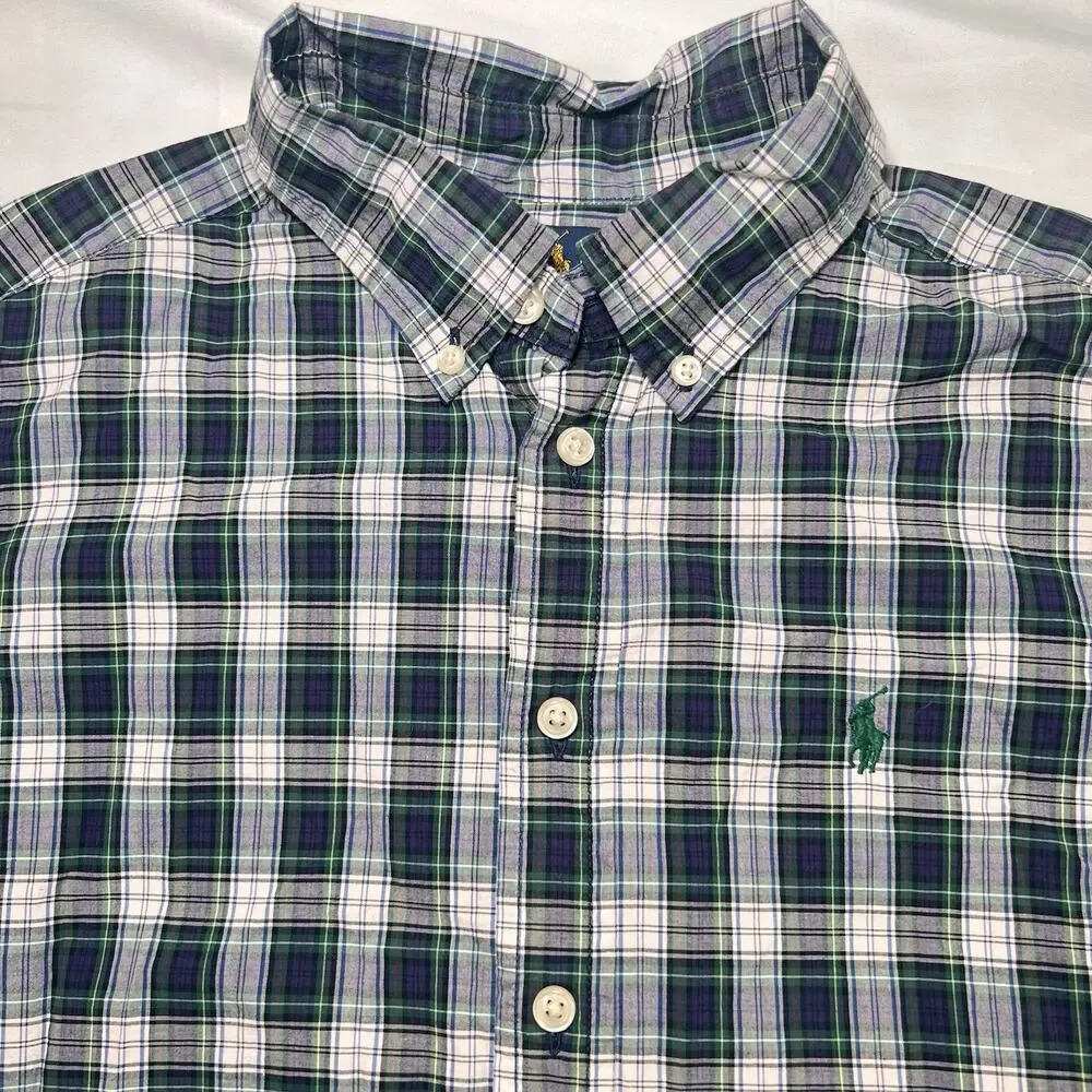 Ralph Lauren Shirt Boys Size M (10-12) Blue Green Tartan Plaid Button Down Polo